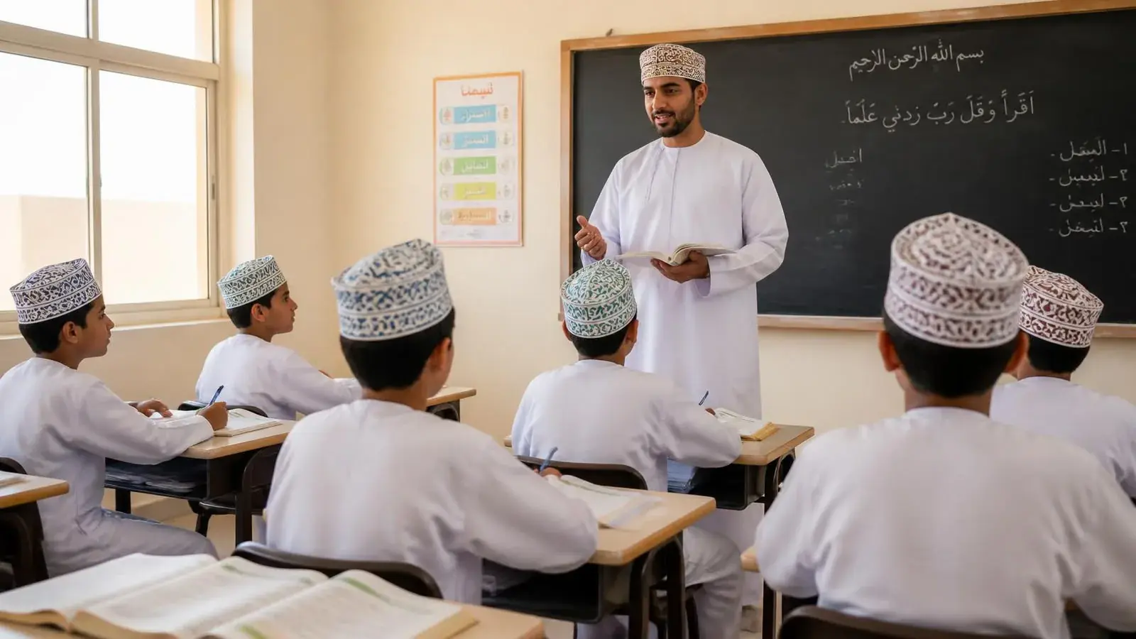 معلّم يقف أمام السبورة يشرح للطلبة