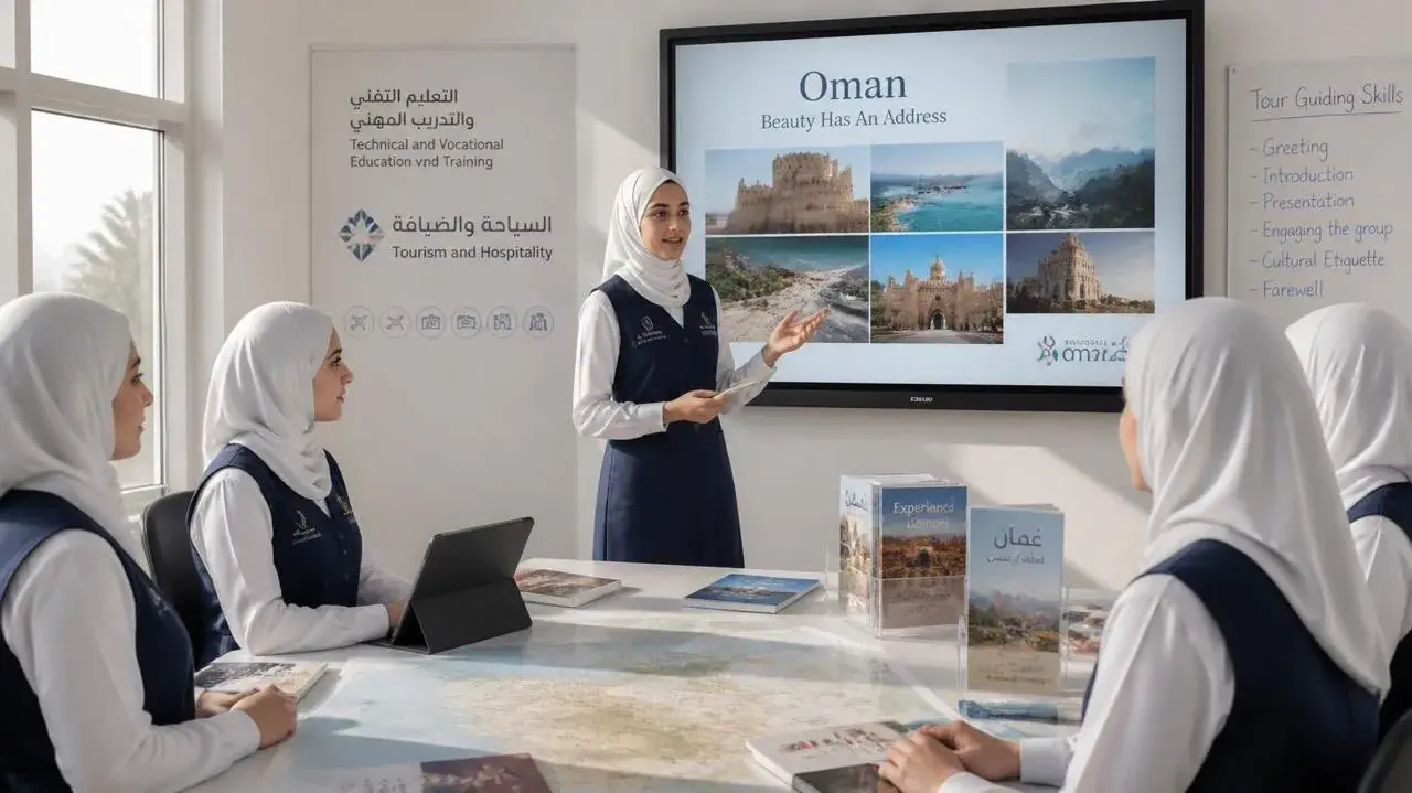 طالبة تقدّم عرضًا عن عُمان أمام زميلاتها