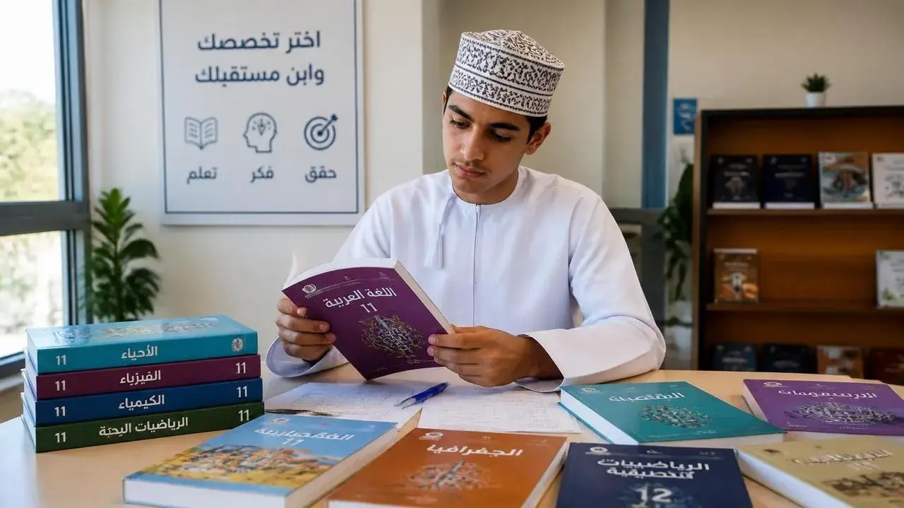طالب يقرأ كتيّبًا أمام كتب المواد الدراسية تحت لافتة «اختر تخصصك وابنِ مستقبلك»