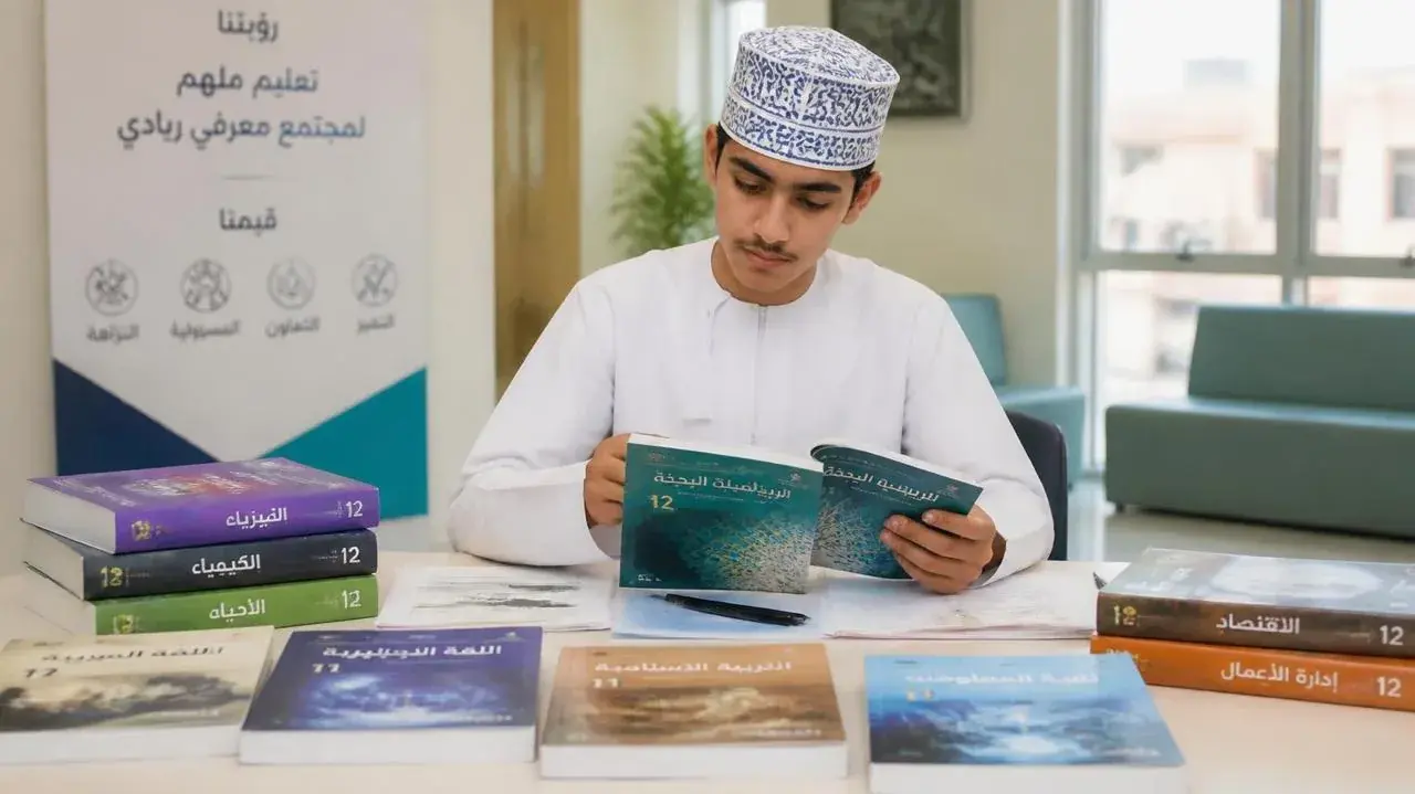 طالب يحمل كتيّبًا أمام صف من كتب المواد الدراسية
