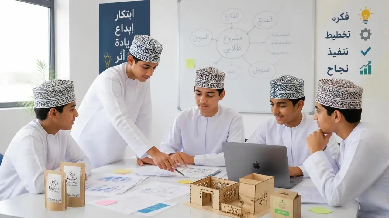 فريق طلابي يخطط لمشروع حول لوحة «فكّر · ابتكر · خطّط»