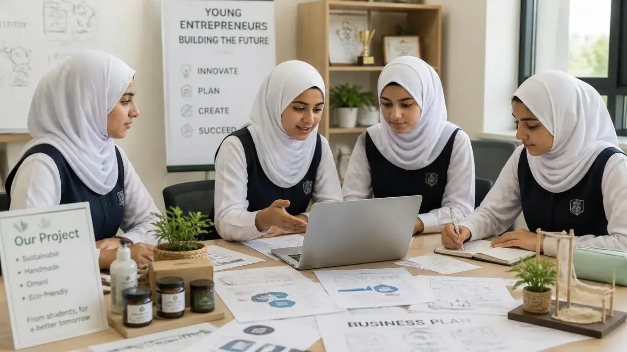 طالبات وطلبة حول مشروع ريادي تحت لافتة «Young Entrepreneurs»