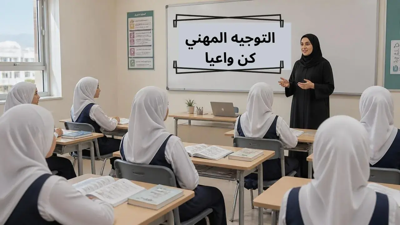 أخصائية توجيه مهني أمام صف تحت لافتة «التوجيه المهني — كُنْ واعِيًا»