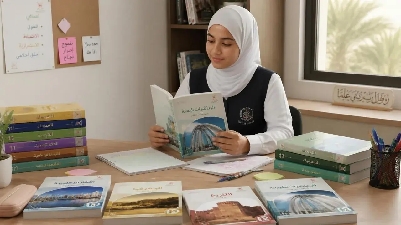 طالبة تقرأ كتابًا مصوّرًا بجانب رفّ كتب